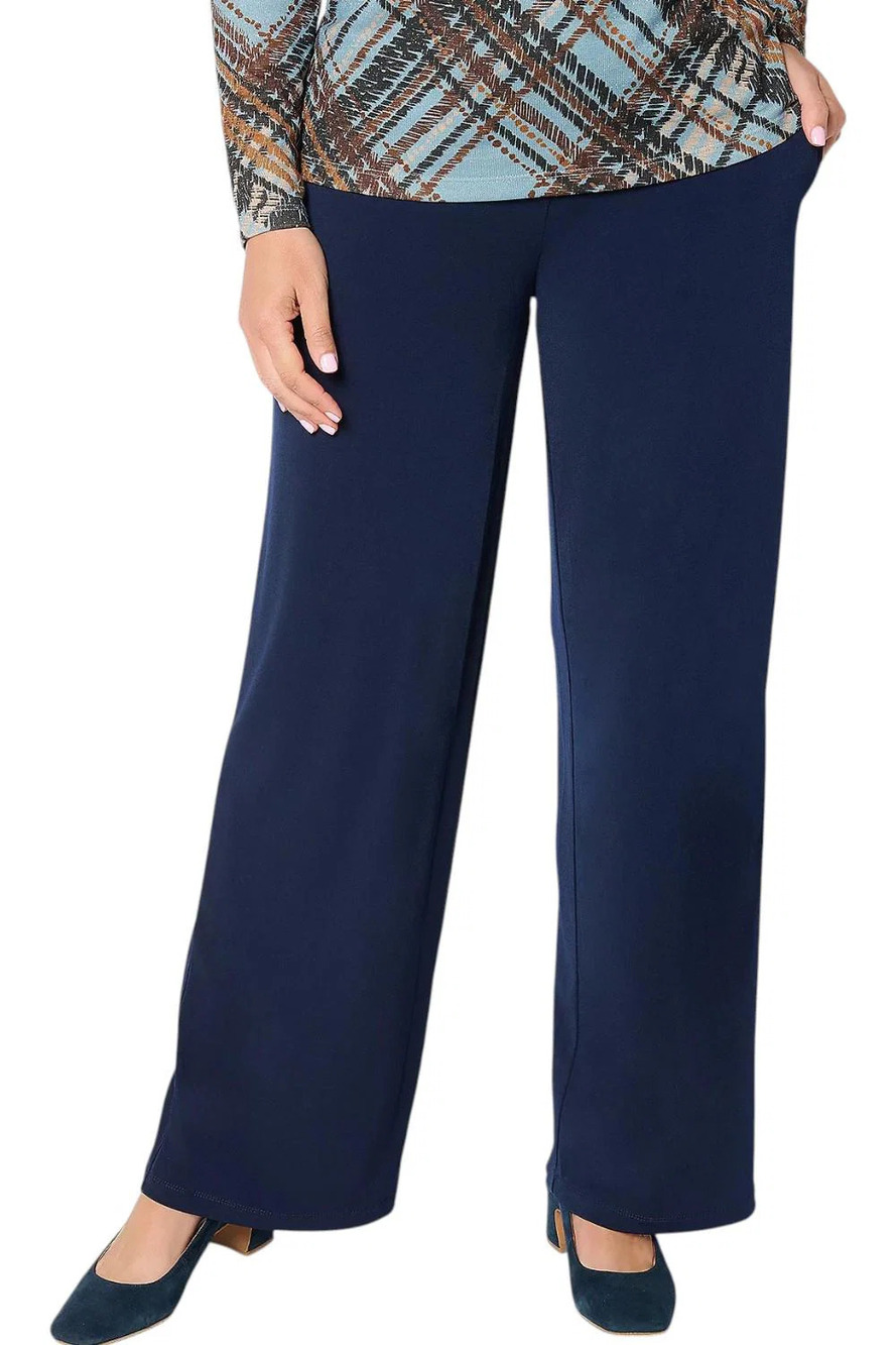 Susan Graver Women's Liquid Knit Wide-Leg Pants w/ Button Navy - Petite